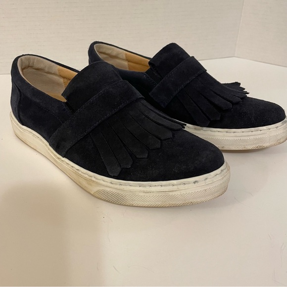 Anthropologie Fringe Slip On Suede Loafers Sneakers Navy Tassel Women US6 EUR37 - Picture 2 of 9